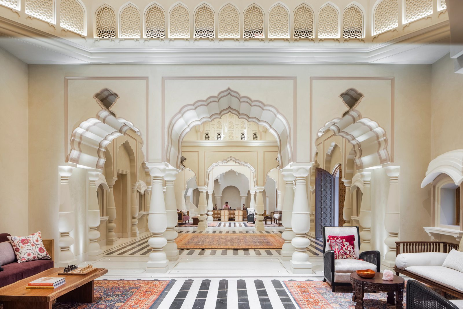 Grand carved marble archways and courtyard of Six Senses Fort Barwara, Rajasthan