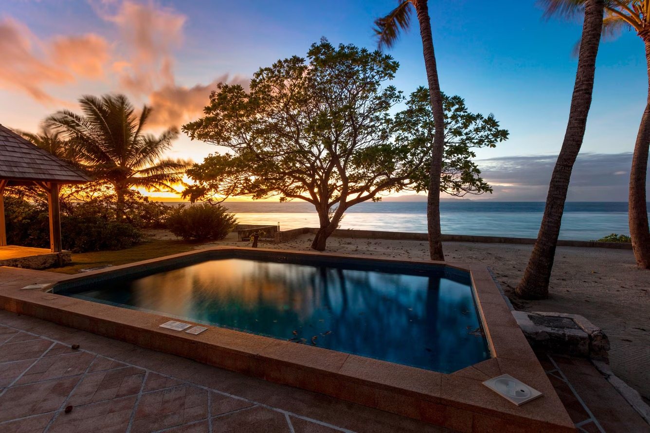 Private plunge pool overlooking the beach at sunset, St. Regis Bora Bora Resort