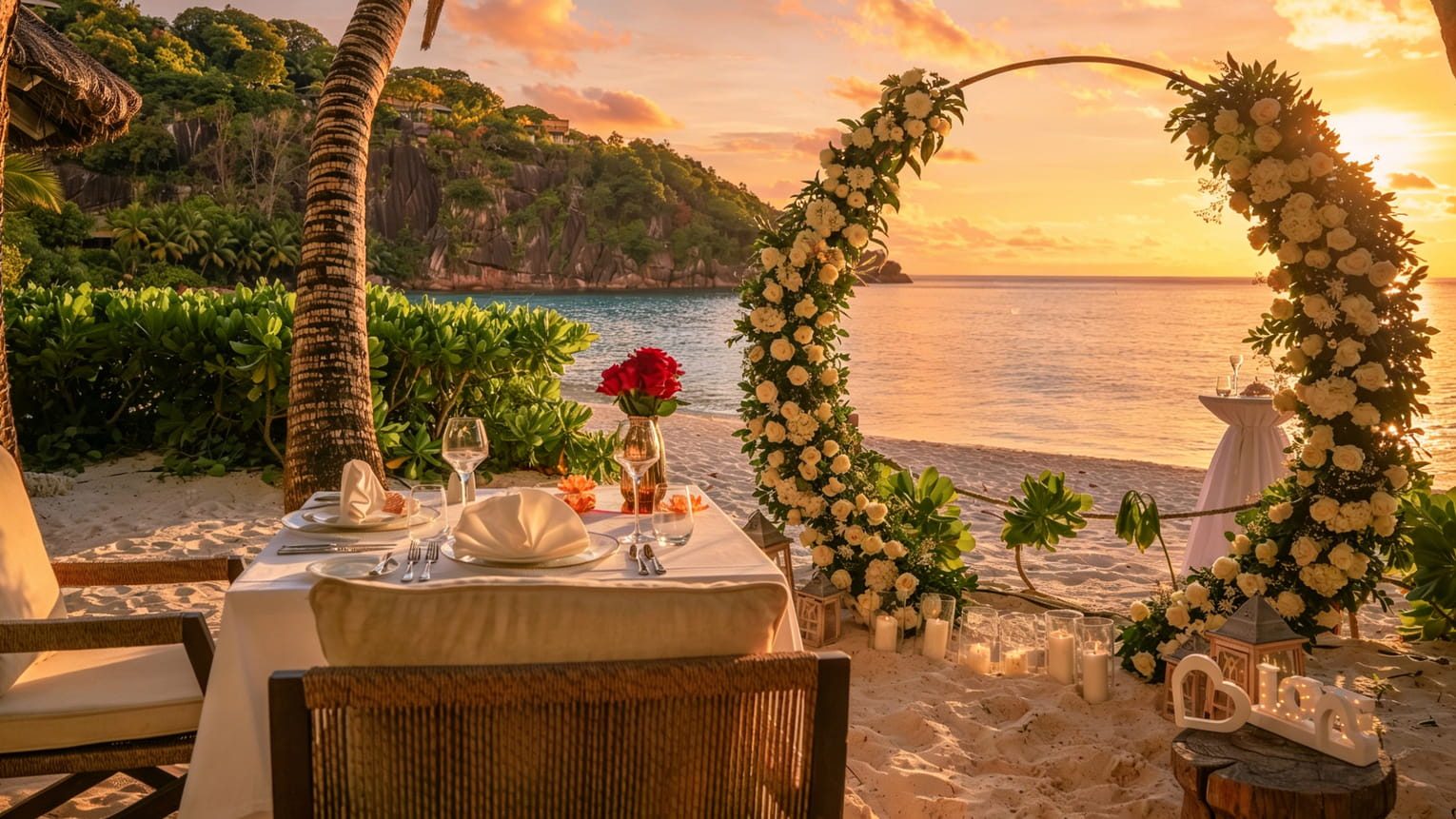 Private beachfront dinner setting with a floral arch at sunset, Four Seasons Seychelles